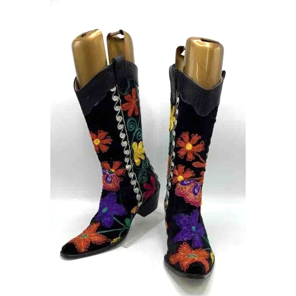 Erkan Demir Black Floral Embroidered Western Cowboy Mid-Calf Boots Women's 7.5